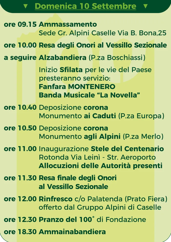 Programma di domenica 10 settembre 2023