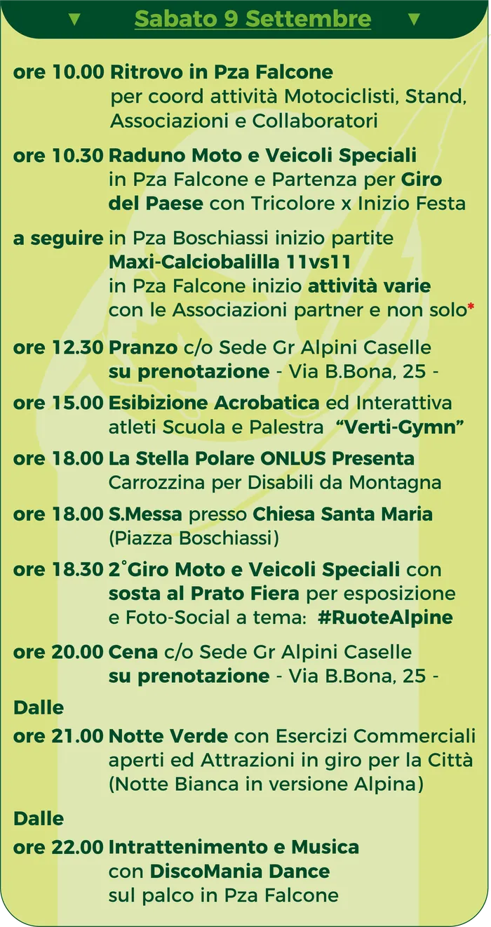 Programma di sabato 9 settembre 2023